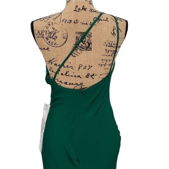 NWOT Ieena For MacDuggal One Shoulder Double Strap Satin Gown Emerald Green 4 - Picture 10 of 14